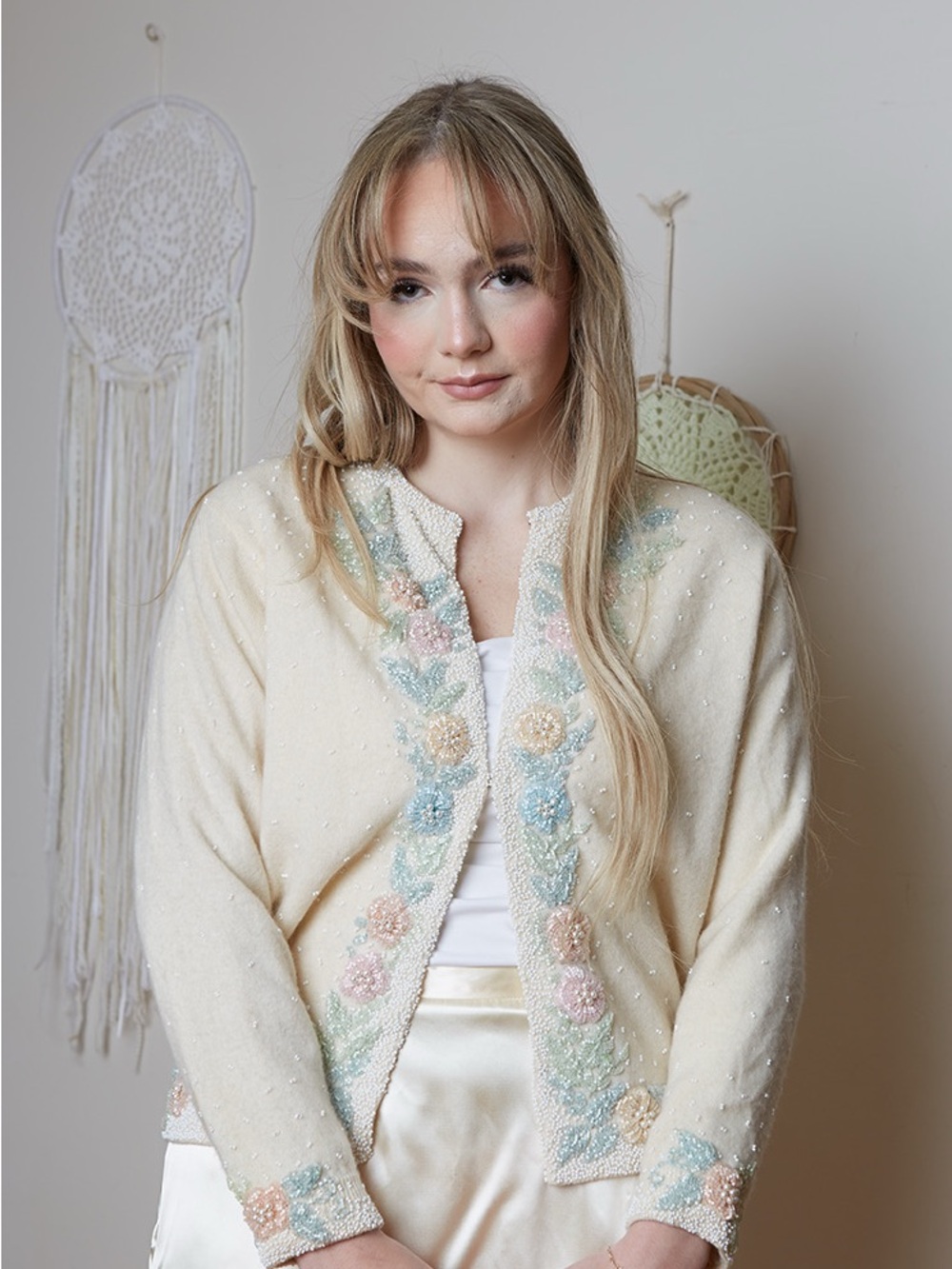 Vintage 50s Saks Fifth Avenue Cream Lined Cardigan beaded angora/wool
